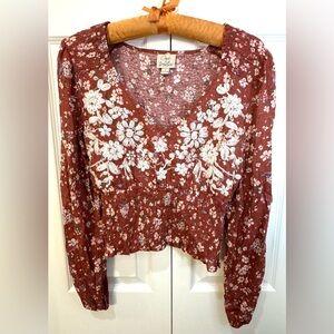 Oak & Trellis Embroidered Floral Smocked Crop Top Rust Boho Size Small EUC
